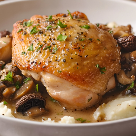Plat poulet en sauce, servi au restaurant de Georges Blanc à Vonnas